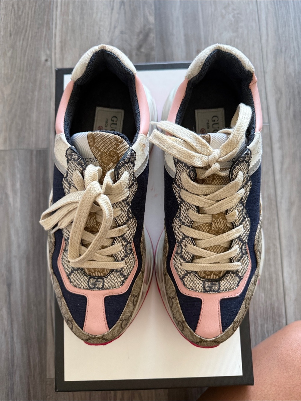 Gucci Rhyton Sneakers Women’s Pink, Navy & Beige GG Canvas Runner Sneakers